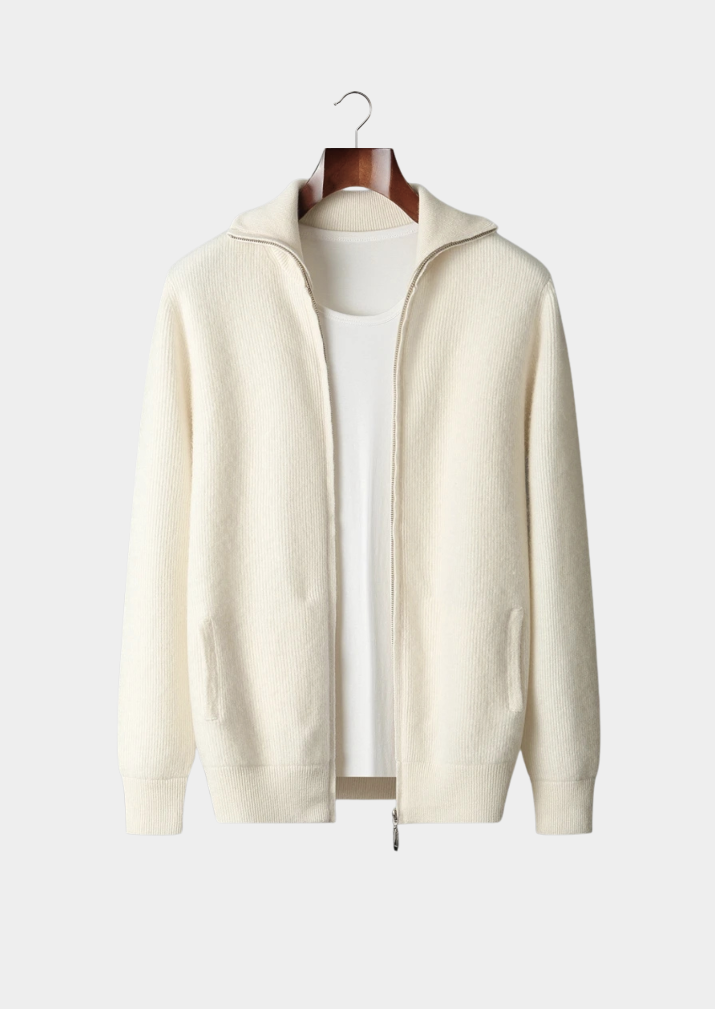 WOOL RIBBED ZIPPER CARDIGAN