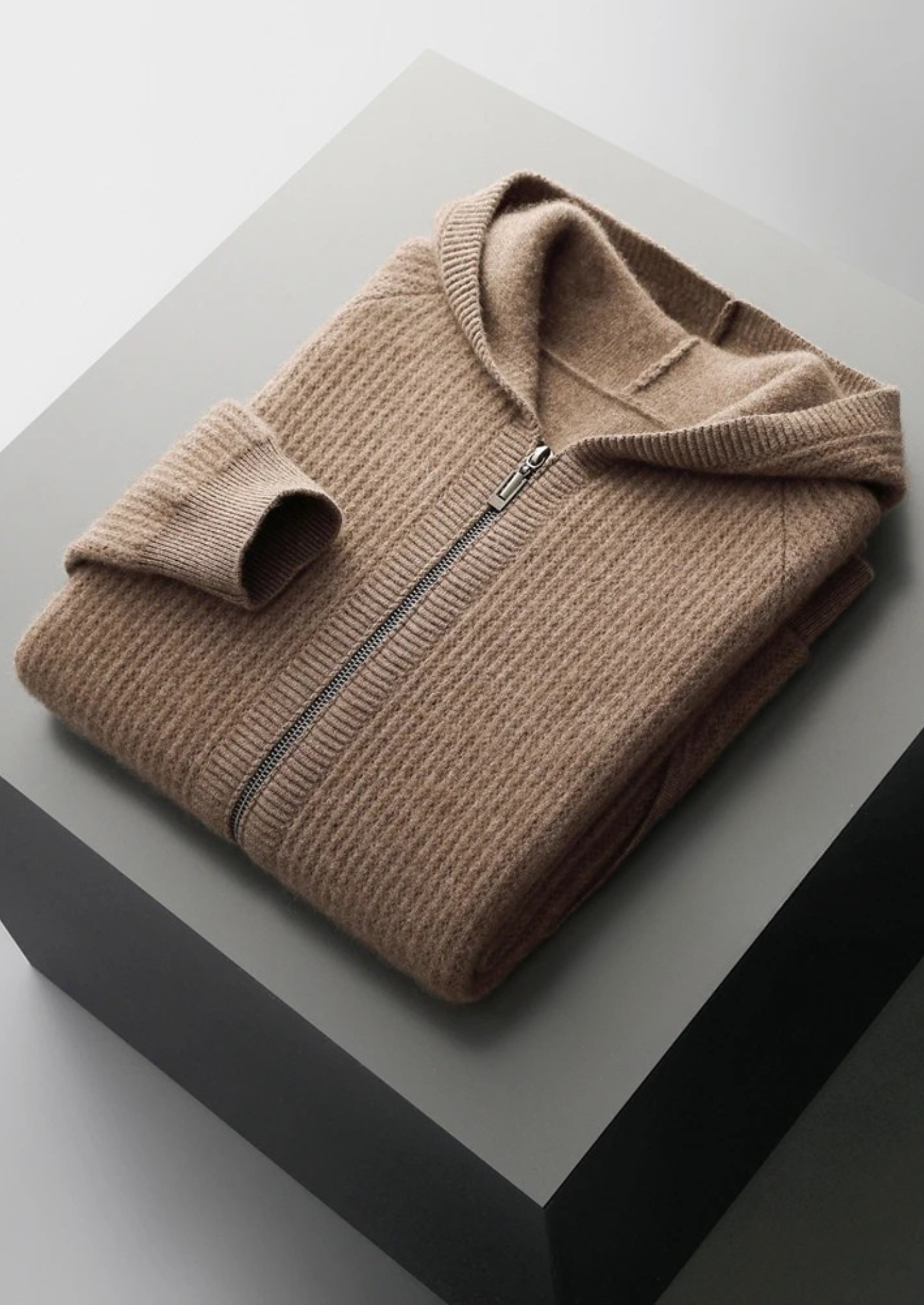 WOOL RIBBED ZIPPER HOODIE