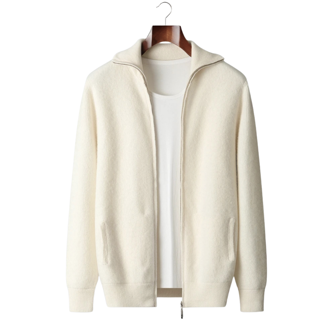 WOOL RIBBED ZIPPER CARDIGAN